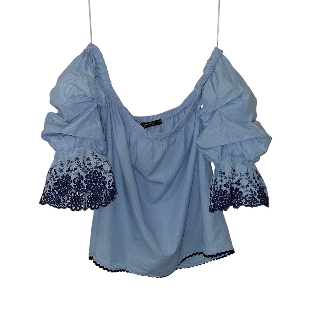 Zara Basic Blue Pinstripe Off Shoulder Embroidered Puff Sleeve Blouse Small